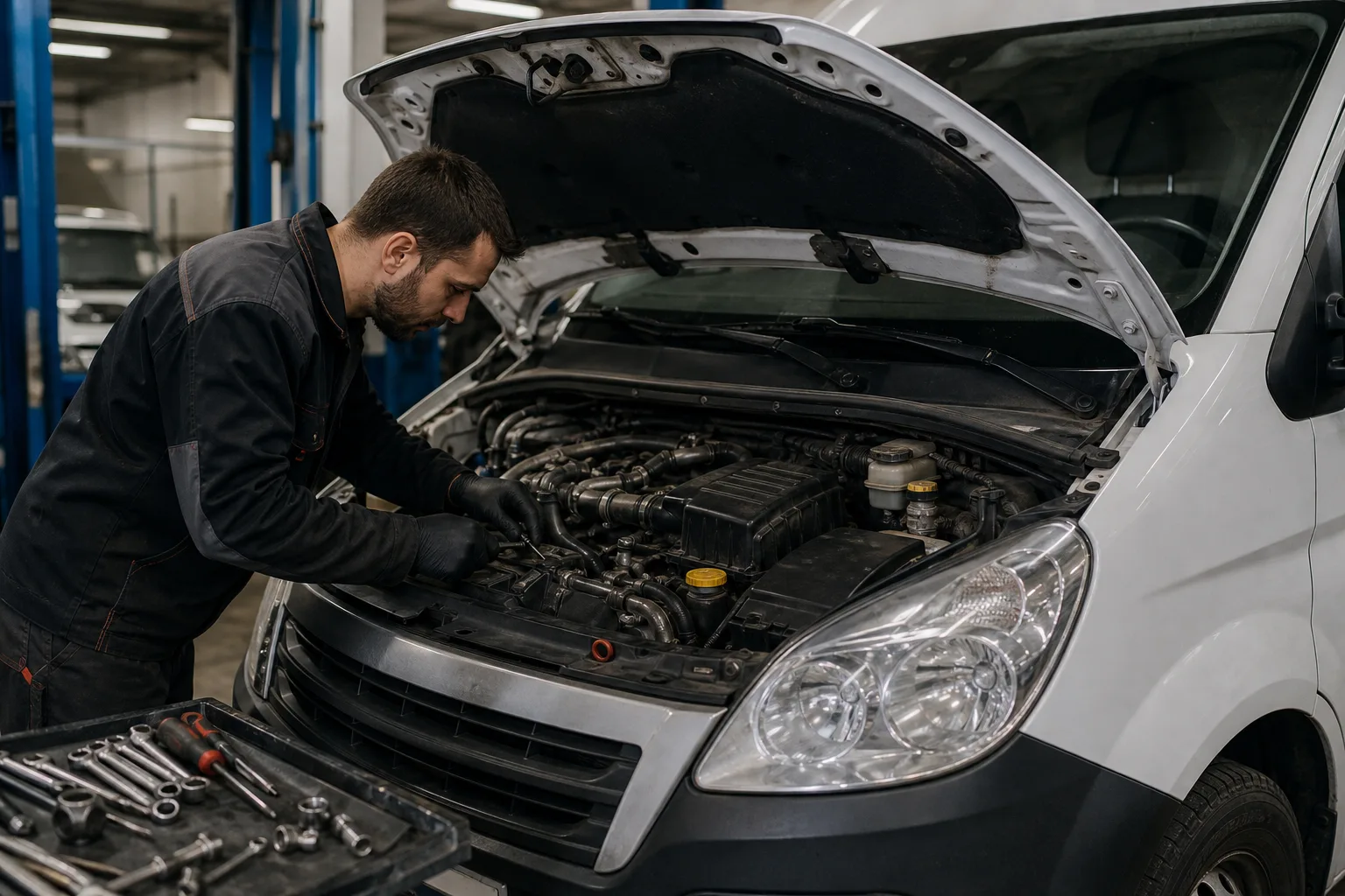 Майстер перевіряє двигун комерційного авто